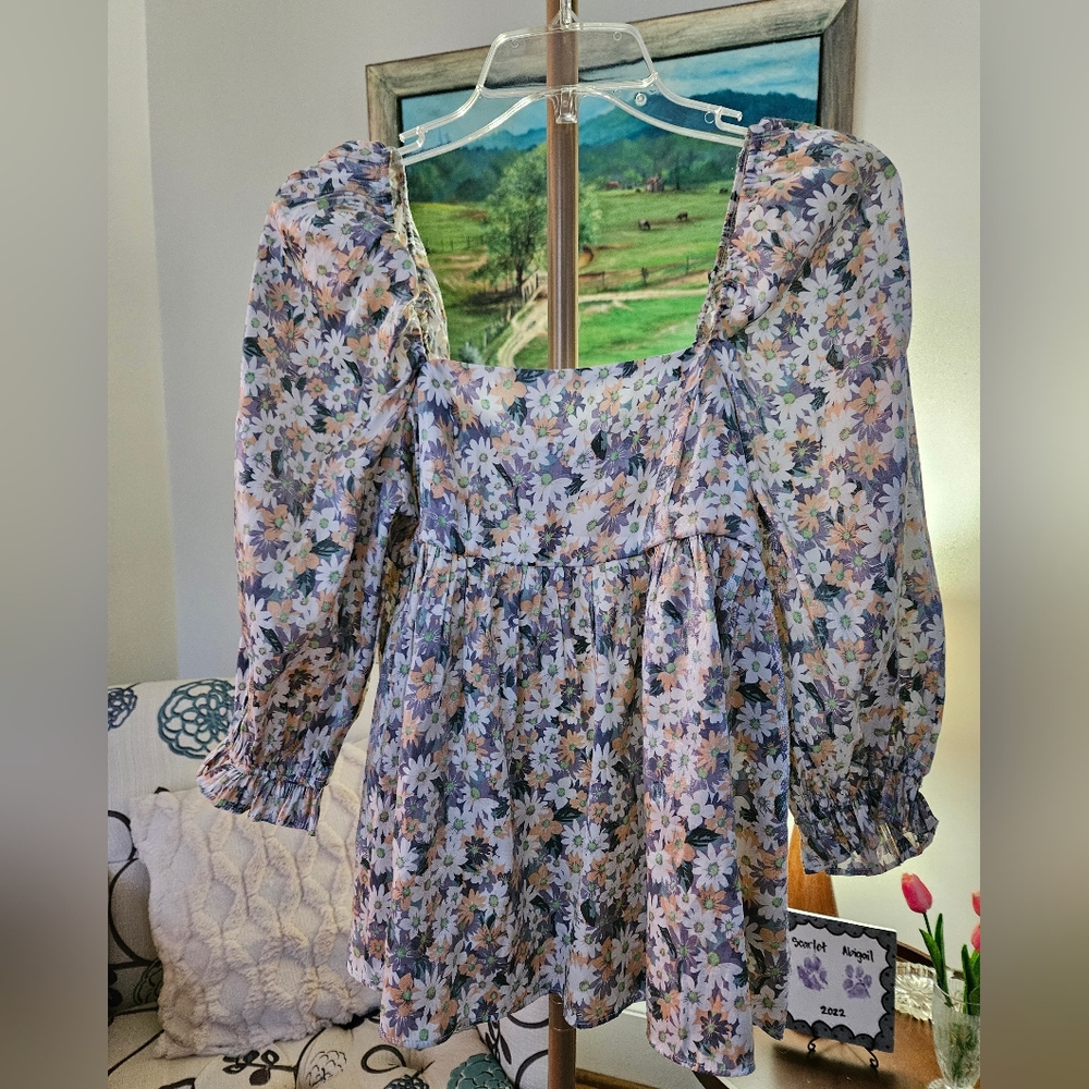 Storia Floral Blouse with Puff Sleeves & Shimmer Accent Sz Sm - Picture 2 of 7